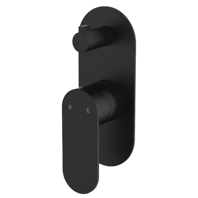 Fienza Empire Slim wall diverter mixer, matte black, vertical oval plate with twin controls