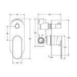 Fienza Empire Slim wall diverter mixer technical drawing, large oval plate in vertical Urban Brass with dimensions shown