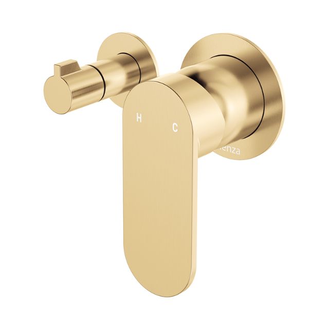 Fienza Empire slim wall diverter mixer in urban brass, with horizontal lever and small round plates on a white background