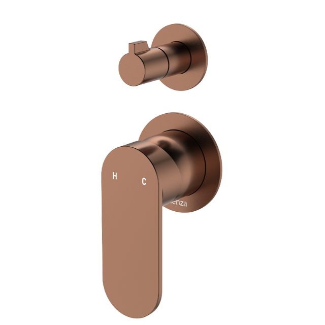 Fienza Empire wall diverter mixer with slim vertical lever, small round plates, brushed copper finish