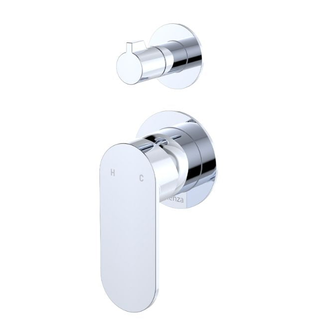 Fienza Empire Slim vertical wall diverter mixer in chrome with small round plates and oval handle
