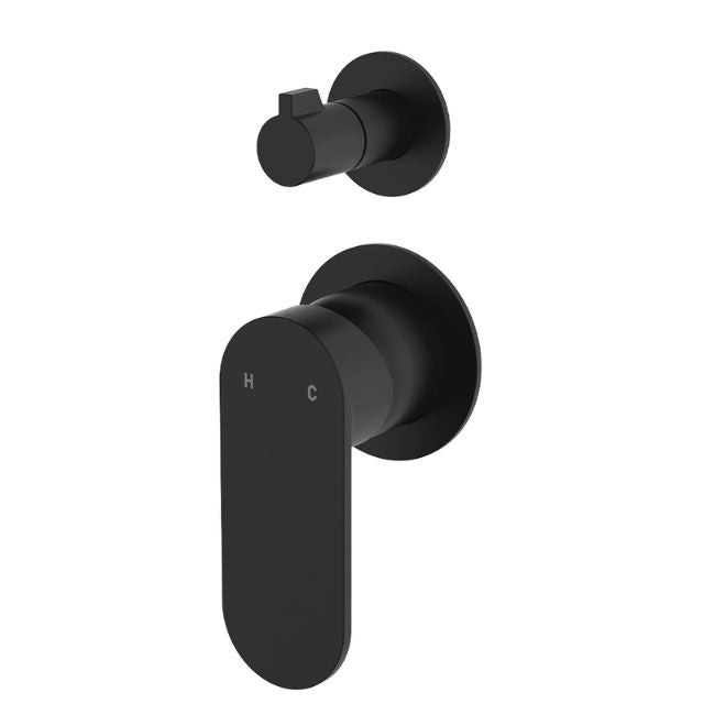 Fienza Empire Slim wall diverter mixer, matte black, vertical with small round plates and long lever handle