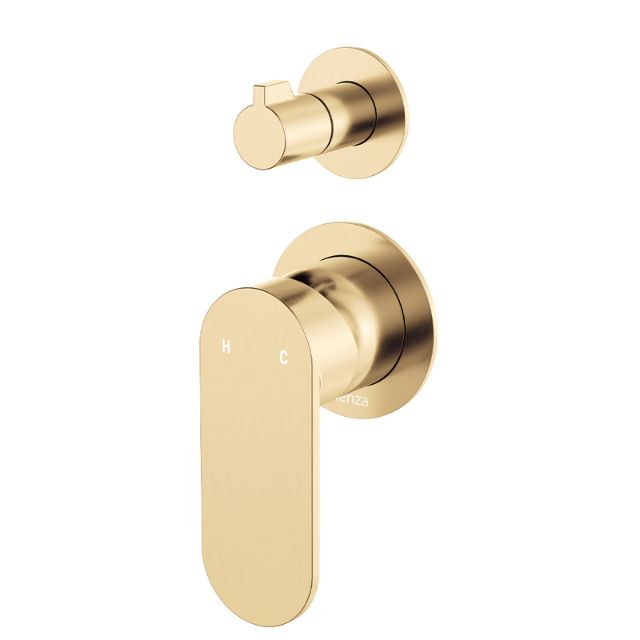 Fienza Empire Slim wall diverter mixer in Urban Brass with vertical round plates and slim lever, shown front on