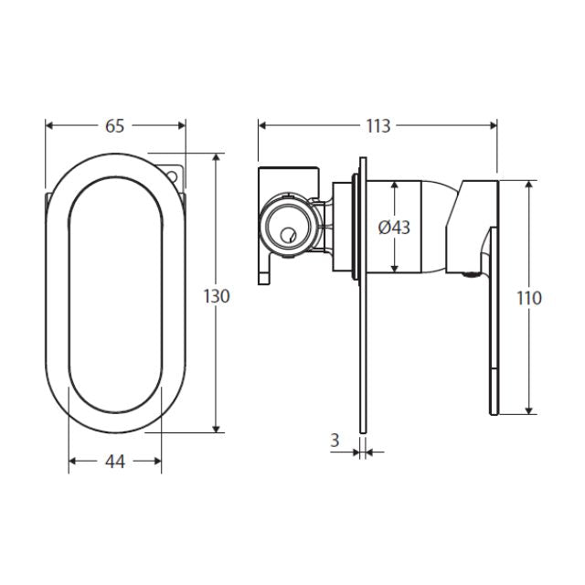 Fienza Empire slim wall mixer oval plate technical drawing, brushed copper finish, front and side views with dimensions
