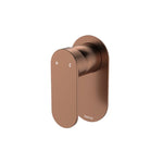 Fienza Empire slim wall mixer with oval plate in brushed copper, front view on white background