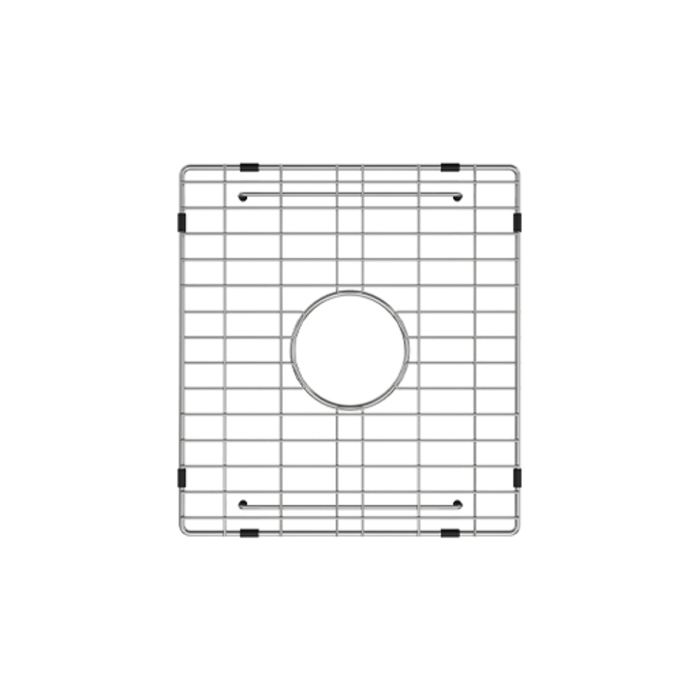 Fienza Hana stainless steel double sink protector with raised grid and round cut-out, top view