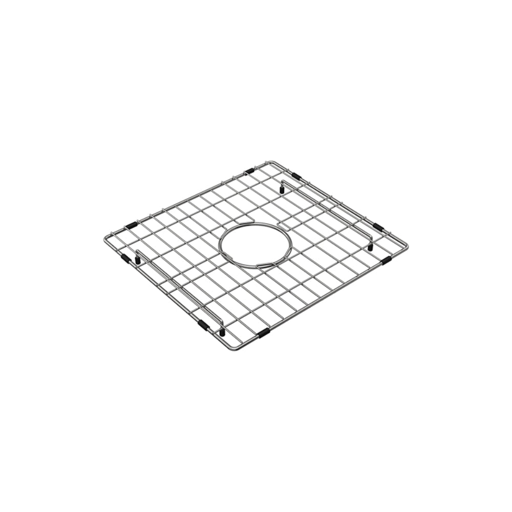 Fienza Hana stainless steel double sink protector with raised grid and rubber feet, shown on white background
