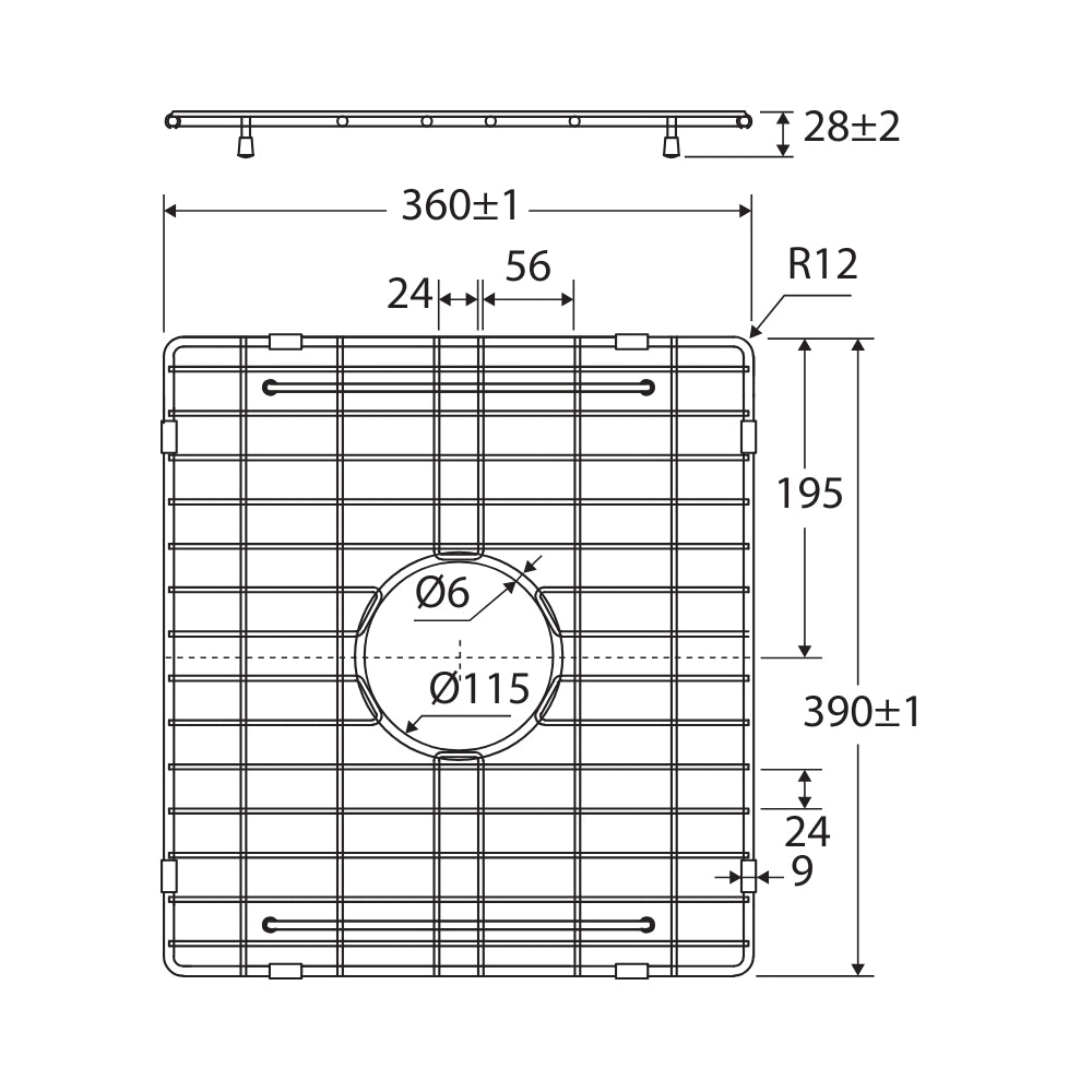 Technical drawing of Fienza Hana 29L double sink protector, stainless steel, with dimensions shown and raised grid detail