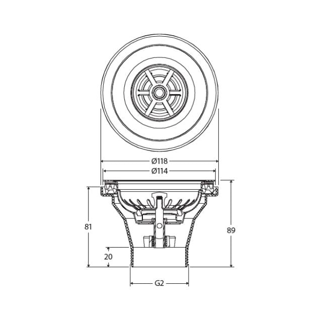 Technical drawing of Fienza Hana sink basket waste, top and cross-section view with 50mm outlet and 90mm depth measurements.