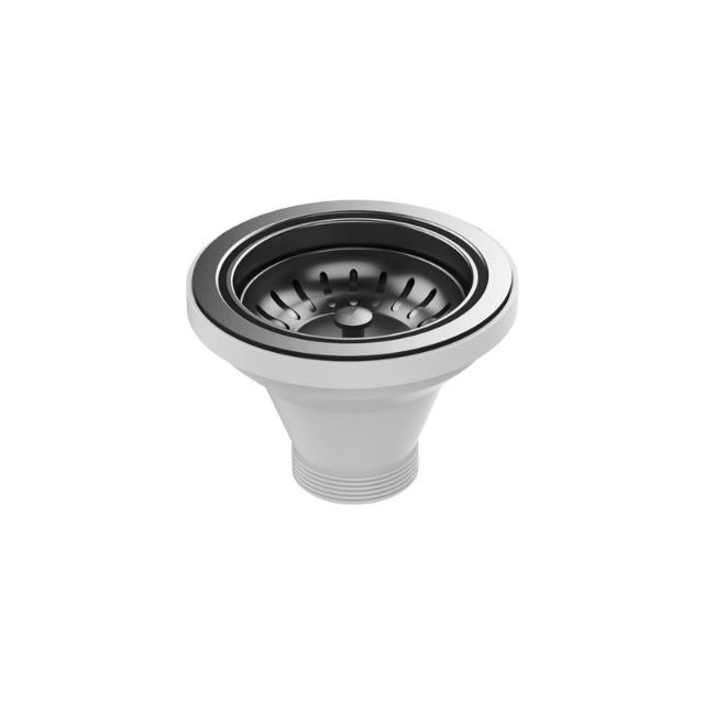 Fienza Hana sink basket waste in carbon metal, 50mm stainless steel, front view on white background
