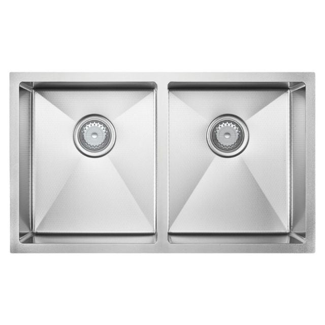 Fienza Hana stainless steel double bowl kitchen sink, top view, 760 x 450mm, anti-scratch finish