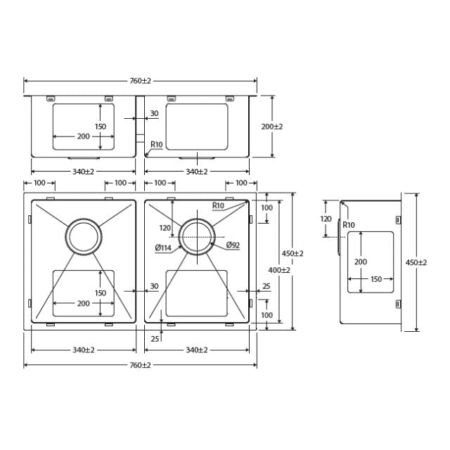 Technical drawing of Fienza Hana double bowl kitchen sink, showing 760 x 450 x 200mm dimensions and bowl layout in gun metal finish