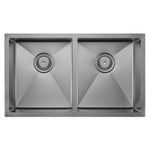 Fienza Hana double bowl kitchen sink in gun metal, top view, with two square bowls and centre wastes