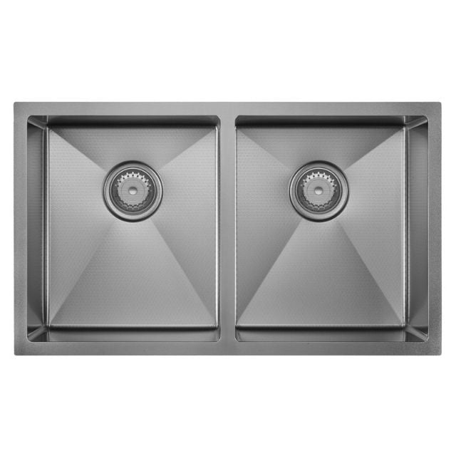 Fienza Hana double bowl kitchen sink in gun metal, top view, with two square bowls and centre wastes