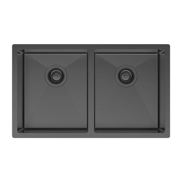 Fienza Hana double bowl kitchen sink in gunmetal, top view, with two square bowls and basket wastes