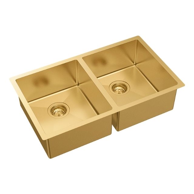 Fienza Hana double bowl kitchen sink in rugged brass, topmount undermount stainless steel, 760 x 450mm, angled view