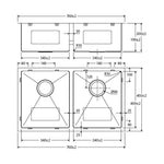 Fienza Hana double bowl kitchen sink technical drawing in rugged brass, 760 x 450 x 200mm, topmount or undermount fit.