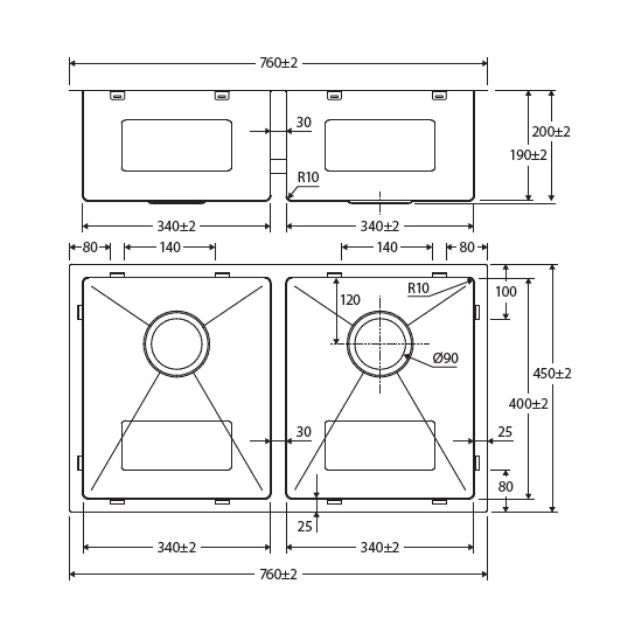 Fienza Hana double bowl kitchen sink technical drawing in rugged brass, 760 x 450 x 200mm, topmount or undermount fit.