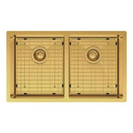 Fienza Hana double bowl kitchen sink in rugged brass, top view with two basket wastes and sink protectors installed