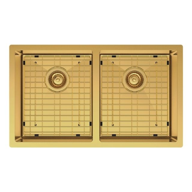 Fienza Hana double bowl kitchen sink in rugged brass, top view with two basket wastes and sink protectors installed