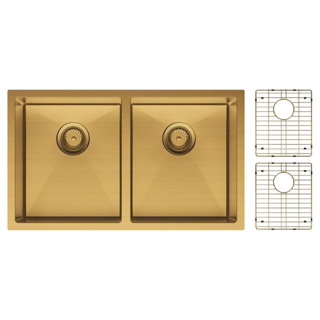 Fienza Hana double bowl kitchen sink in rugged brass, top view, with two sink protectors shown at right