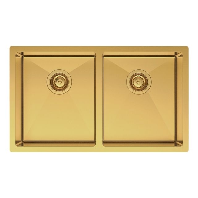 Fienza Hana double bowl kitchen sink in rugged brass, top view, with two square bowls and basket wastes