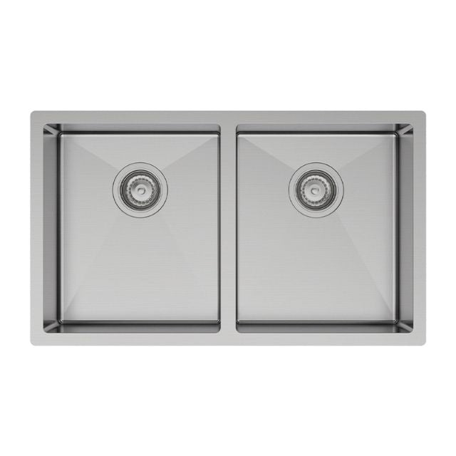 Fienza Hana double bowl stainless steel kitchen sink, top view, with two square bowls and wastes