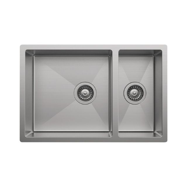 Fienza Hana stainless steel double bowl kitchen sink with two drains, top view, square bowls in a rectangular inset design