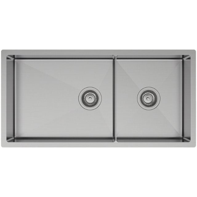 Fienza Hana stainless steel double bowl kitchen sink with slim divider, top/undermount view, 892 x 450mm.