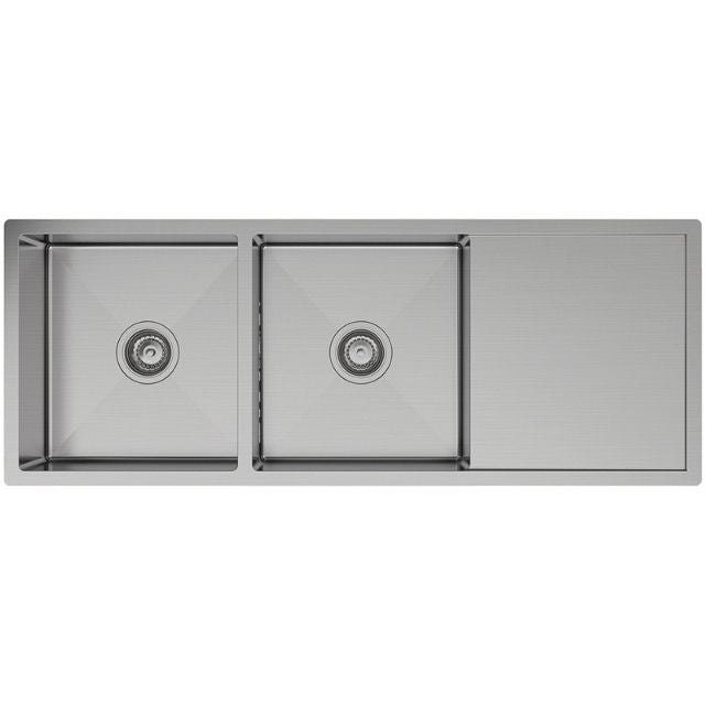Fienza Hana stainless steel double bowl kitchen sink with drainer, top view, two bowls and right-side drainer