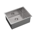 Fienza Hana stainless steel laundry sink, single bowl with overflow, shown in angled top view on white background
