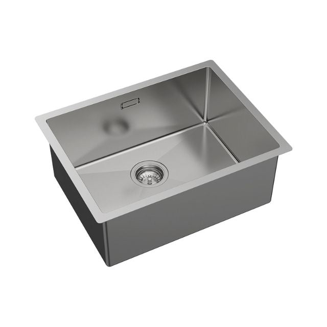 Fienza Hana stainless steel laundry sink, single bowl with overflow, shown in angled top view on white background