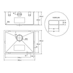 Fienza Hana stainless steel laundry sink technical drawing with dimensions and overflow detail, 580 x 445 x 240mm