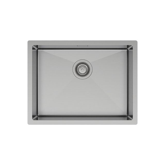 Fienza Hana single bowl stainless steel laundry sink, top view with central waste and overflow opening