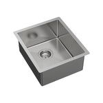 Fienza Hana stainless steel single bowl kitchen sink, top/undermount, with waste, angled view