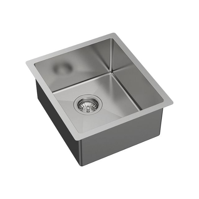 Fienza Hana stainless steel single bowl kitchen sink, top/undermount, with waste, angled view