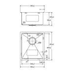 Fienza Hana single bowl sink technical drawing, top/undermount stainless steel, 390 x 450 x 200mm, with dimensions marked
