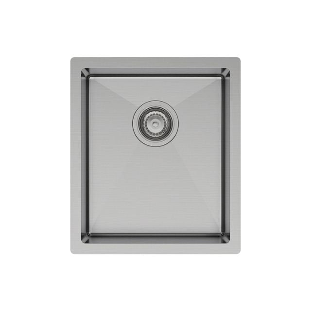 Fienza Hana stainless steel single bowl kitchen sink, top view, 390x450mm with central waste hole