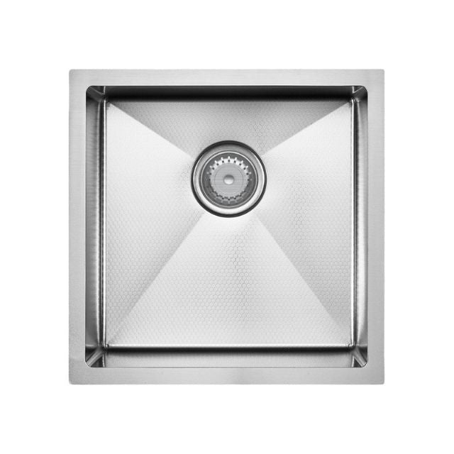 Fienza Hana single bowl stainless steel kitchen sink with square drain, top view