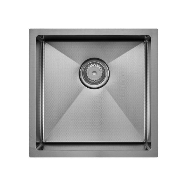 Fienza Hana single bowl kitchen sink in gun metal, square stainless steel top view with centre waste