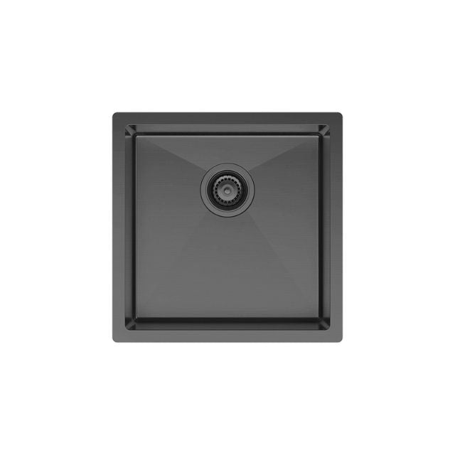Fienza Hana single bowl kitchen sink in gunmetal, square top view with central waste opening