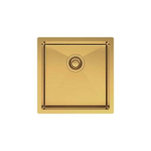 Fienza Hana single bowl kitchen sink in rugged brass, square top view with central waste drain