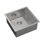 Fienza Hana single bowl stainless steel kitchen sink, top/undermount, square 450mm basin with waste