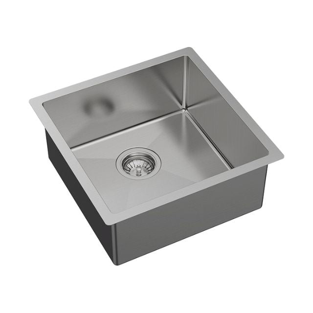 Fienza Hana single bowl stainless steel kitchen sink, top/undermount, square 450mm basin with waste