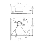 Fienza Hana single bowl stainless steel sink technical drawing, top and side view with 450mm dimensions and 200mm depth