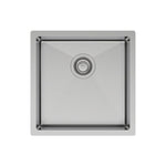 Fienza Hana stainless steel single bowl kitchen sink with square drain, top view, 450mm x 450mm