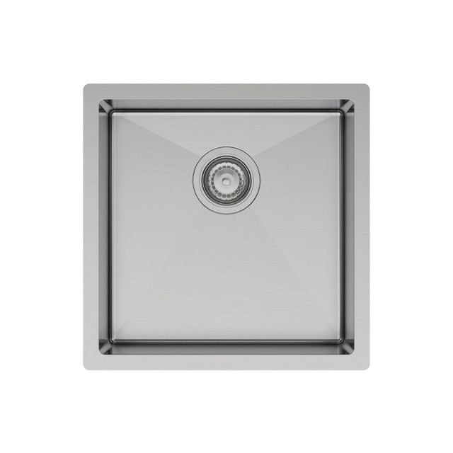 Fienza Hana stainless steel single bowl kitchen sink with square drain, top view, 450mm x 450mm
