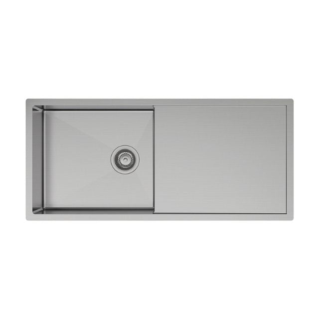 Fienza Hana single bowl stainless steel kitchen sink with drainer, top mount, 990 x 450mm, in overhead view