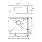 Fienza Hana stainless steel single bowl kitchen sink technical drawing with 550x450x200mm measurements and cutout details