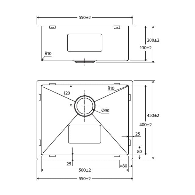 Fienza Hana stainless steel single bowl kitchen sink technical drawing with 550x450x200mm measurements and cutout details